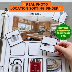 May include: A location sorting binder with the text "REAL PHOTO LOCATION SORTING BINDER" and "KITCHEN". The binder contains images of kitchen items such as a pot, pan, kettle, toaster, and plates. A hand is holding a picture of a pan.