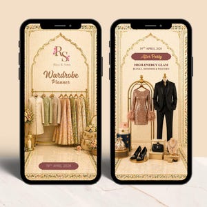 Puede incluir: Dos pantallas de smartphone que muestran un planificador de vestuario. La pantalla izquierda muestra ropa en una percha con el texto "Wardrobe Planner". La pantalla derecha muestra un atuendo de "After Party". La fecha "19 de abril de 2028" es visible en ambas pantallas.