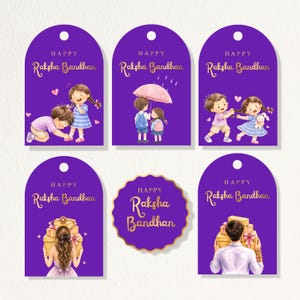 May include: Six purple gift tags featuring the text Happy Raksha Bandhan in gold. Five tags are arched with illustrations of children, gifts, and umbrellas. One tag is circular with a scalloped gold edge and the same gold text.