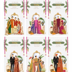 Op de afbeelding: Zes trouwkaartontwerpen met illustraties van koppels in traditionele Indiase kleding. Elke kaart toont het thema en de datum van de bruiloft. De ontwerpen tonen diverse kleurenschema's en decoratieve elementen.