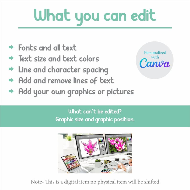 May include: An image with text that reads "What you can edit" and lists options like fonts, text size, and graphics. It also states what can't be edited: graphic size and position. The Canva logo is visible. A note indicates this is a digital item.
