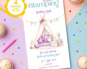 Sleepover or Glamping Theme Kids Birthday Party Invitation- Bundle of 4 Designs (Digital Download)