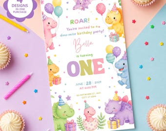 Colorful Dinosaur Theme Kids Birthday Party Invitation | 4 Design Options in 1 Purchase