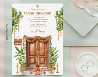 Griha Pravesh Invitation | Traditional Indian Housewarming Welcome Board, Digital & Printable Invitation  (Canva Template)