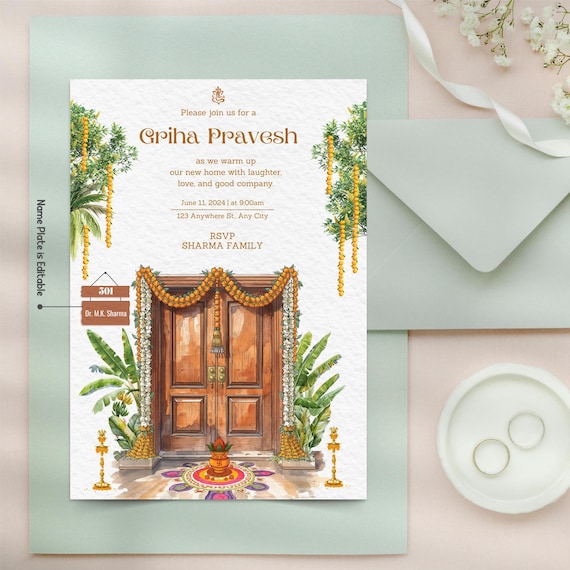 Griha Pravesh Invitation | Traditional Indian Housewarming Welcome Board, Digital & Printable Invitation  (Canva Template)