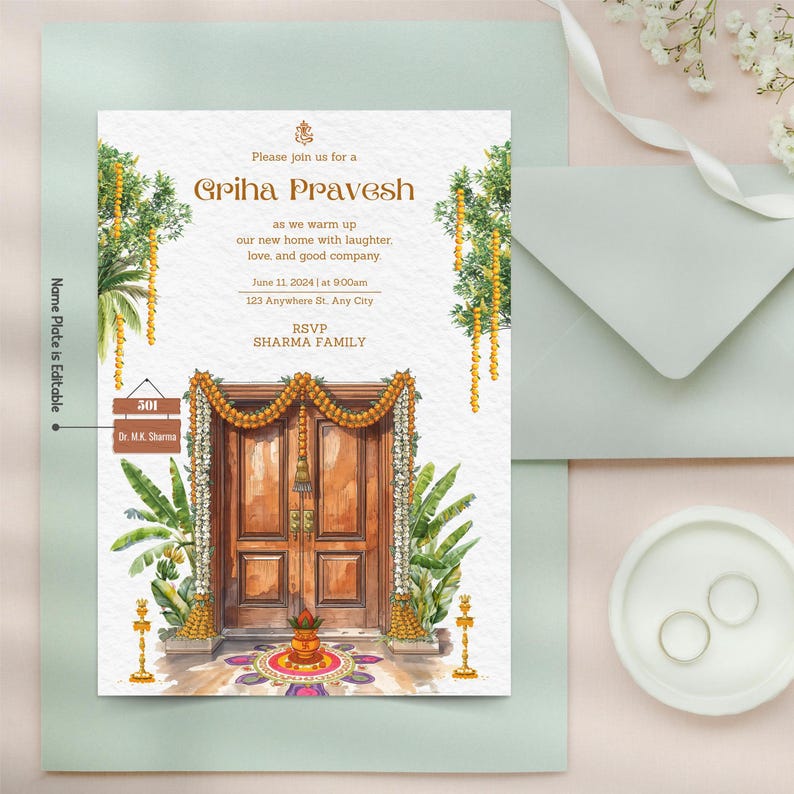 May include: An invitation for a Griha Pravesh ceremony, featuring a watercolor illustration of a wooden door adorned with floral garlands. The invitation includes event details and RSVP information, with a name plate that is editable.