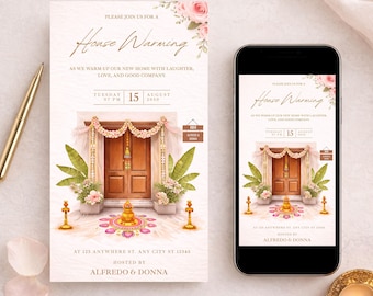 Traditional Indian Housewarming Party Invitation | Griha Pravesh | Watercolor Floral Welcome Board and Invitations