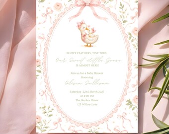 Szablon zaproszenia na baby shower Silly Goose Coquette do pobrania w wersji cyfrowej