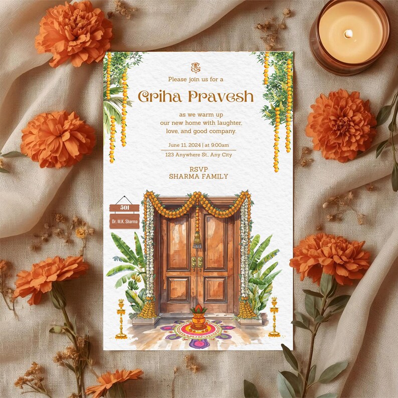 May include: An invitation card for a Griha Pravesh ceremony, featuring a watercolor illustration of a wooden door adorned with garlands and floral decorations. The card includes event details and RSVP information, surrounded by orange flowers and a lit candle.