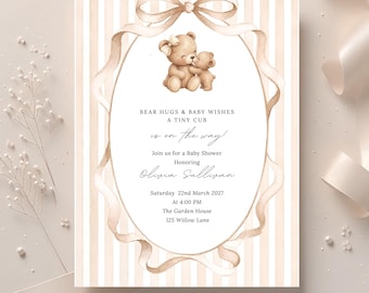 Szablon zaproszenia na baby shower z motywem niedźwiedzia | Tabliczka powitalna | Pobieranie cyfrowe