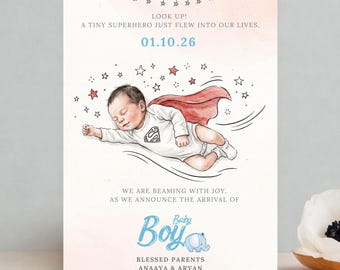 Baby Boy Birth Announcement Template | Superhero Arrival Poster | Name Reveal | New Born (Digital Download)