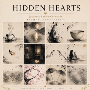 Peut inclure: Une collection numérique intitulée HIDDEN HEARTS Japanese Sumi-e Collection comprenant 12 images carrées avec des illustrations de style lavis. Chaque image intègre des formes de cœur dans des scènes comme une tasse, l'eau, des oiseaux et des parapluies.