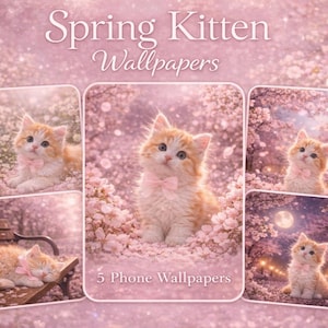Cherry Blossom Kitten Phone Wallpapers Set of 5, Cute Sakura Cat Aesthetic, Pink Floral Background, iPhone & Android Download