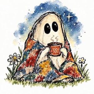 May include: A watercolor illustration of a white ghost with large black eyes wrapped in a colorful patchwork quilt. The ghost holds a steaming orange mug with a white heart outline. The scene includes green grass, two white daisies, and a dark blue starry night sky.