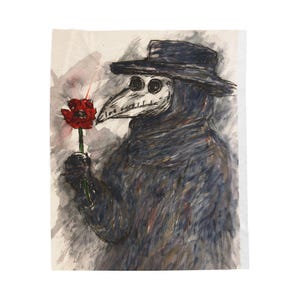 May include: An illustration of a figure in a black plague doctor costume holding a red flower. The figure wears a long black coat, a wide-brimmed hat, and a long-beaked mask. The background is a mix of gray and white.