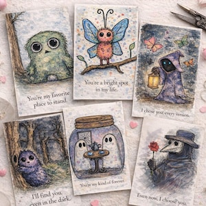 Może przedstawiać: Zestaw sześciu drukowanych kartek walentynkowych 4x6 cali z ilustracjami kryptyd. Każda karta ma unikalny design z frazami takimi jak "Jesteś moim ulubionym miejscem" i "Znajdę cię, nawet w ciemności".