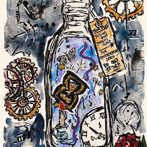 Op de afbeelding: Waterverfillustratie van een drankfles met het label "Tempus" met de tekst "Drank die de tijd stilzet". De fles bevat een kaars, een zandloper en een vlinder. Tandwielen, klokken en een rode roos staan op de achtergrond.