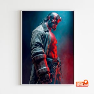 May include: Digital art print of a red-skinned character with horns, wearing a long coat and large gauntlet. The artwork has a dramatic lighting scheme with red and blue hues, creating a striking visual effect.
