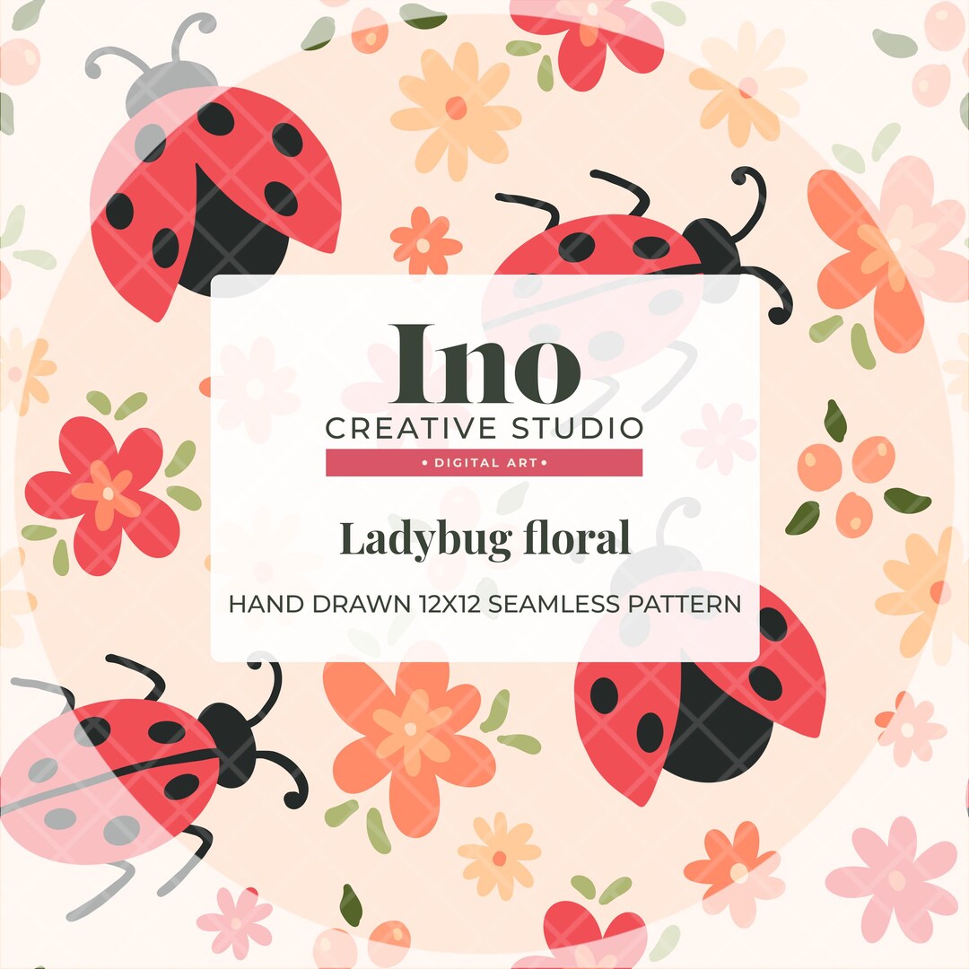 Seamless Ladybug Floral Pattern Hand Drawn 300DPI Png Digital Download ...