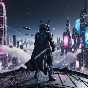 Op de afbeelding: Een futuristische stadsgezicht 's nachts met een samoerai-krijger op een dak, die over de stad uitkijkt. De krijger draagt zwarte bepantsering en een cape, met een katana. De stad heeft hoge gebouwen met neonlichten en vliegende voertuigen.