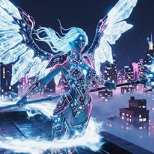 Puede incluir: Arte digital de una figura femenina futurista con detalles brillantes en azul y rosa, alas y un báculo, ambientada en un paisaje urbano. La figura está rodeada por un aura brillante, creando un tema de fantasía o ciencia ficción.