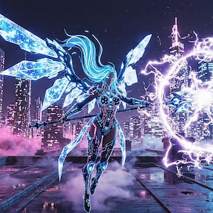 Puede incluir: Ilustración digital de una figura femenina futurista con cabello azul y alas cristalinas, sosteniendo un báculo. Se encuentra en una azotea con vistas a una ciudad con luces de neón y un círculo de energía brillante. La paleta de colores está dominada por azules, morados y rosas.