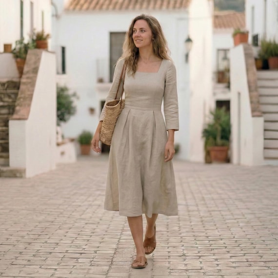 beige square neck dress Beige Square Neck Jacquard Midi Dress