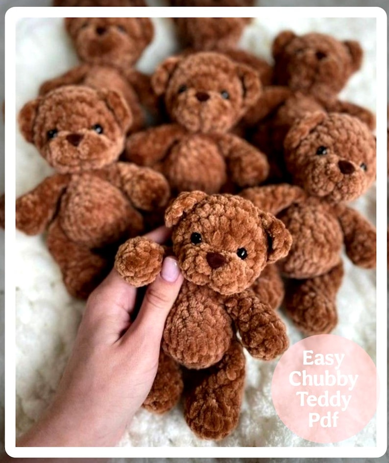 May include: A collection of small, brown, plush teddy bears made from soft, textured yarn. Each bear features round ears, a small dark nose, and black eyes. A circular pink graphic in the corner contains the text Easy Chubby Teddy Pdf.