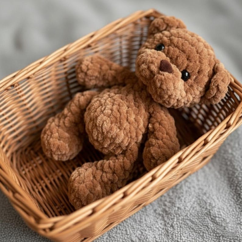 May include: A brown plush teddy bear made of soft, textured yarn with black plastic eyes and a dark brown stitched nose. The bear is positioned inside a rectangular, woven wicker basket with a light brown finish and an open top design.