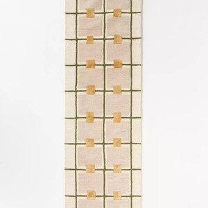 Puede incluir: Una alfombra rectangular con fondo crema y un patr&oacute;n de cuadr&iacute;cula de l&iacute;neas verde oliva. La alfombra presenta cuadrados alternos de color beige claro y acentos dorados, creando un dise&ntilde;o geom&eacute;trico. Un elemento decorativo para el hogar.