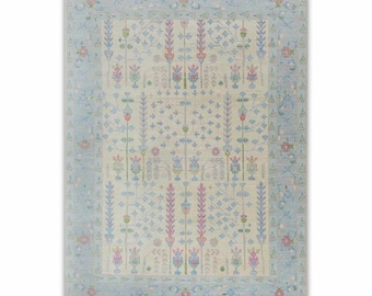 Cream Blue Garden Pine Tree Of life Rug Modern Oushak Rug Premium Wool Hand Knotted Turkish Inspired, #7674