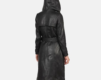 Damen Kapuzen Schwarzer Trenchcoat Handgefertigtes Schaffell Leder Gürtel Lange Mantel Winter Oberbekleidung