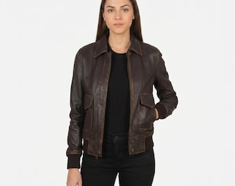 A2 Braun Leder Bomberjacke Damen Handgefertigte Ziegenleder Fliegerjacke Maßgeschneiderte Vintage Oberbekleidung