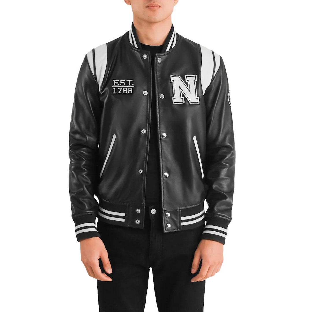 Liberte New York Black Leather Varsity Jacket Mens Sheepskin Snap