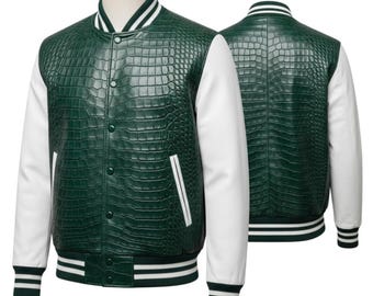 Krokodilprägung Leder Varsity Jacke, Handgefertigter Streetwear-Herrenstil, Benutzerdefinierte Letterman-Oberbekleidung