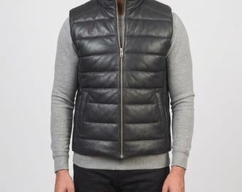 Schwarze Leder Kugelweste Herren Schaffell Gesteppte Ärmellose Jacke Handgefertigte Winteroberbekleidung