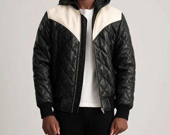 Schwarze Bomberjacke aus Leder mit Kapuze Herren gestepptes Schaffell Winteroberbekleidung handgefertigte individuelle Passform