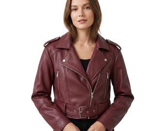 Damen Rot Leder Bikerjacke Handgefertigte Gürtel Motorrad Stil Vintage Retro Moto Oberbekleidung