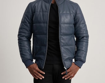 Blaue Leder Kugelfisch Bomberjacke Herren Schaffell Gesteppte High Neck Winter Oberbekleidung Handgefertigt