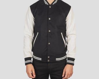 Schwarz-Weiße Varsity Jacke Männer Wolle Körper Echtes Leder Ärmel Handgemachte Letterman Bomber