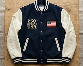 USA 250th Jubiläum Varsity Jacke: Handgemachte Marine Wolle Leder Letterman Vintage Americana