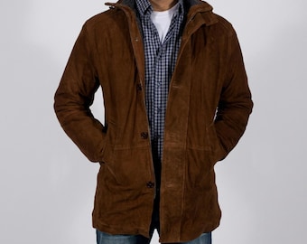 Herren Braun Wildlederjacke Handgefertigte Ziegenhaut Leder Trucker Style Shearling Gefüttert Winter Oberbekleidung