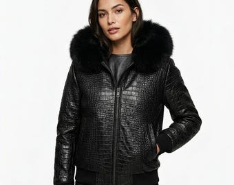 Schwarze Alligator Leder Bomberjacke für Damen Handgefertigte Krokodilgeprägte Pelzmit Kapuze Luxus Oberbekleidung