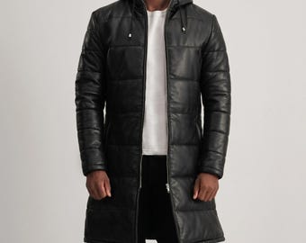 Schwarzer Kapuzen Leder Steppmantel Herren Lange Winter Schaffell Steppjacke Handgefertigt