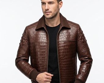 Herren Krokodil Geprägte Lederjacke Handgefertigte Exotische Designer Braun Kroko Texture Maßgeschneiderte Oberbekleidung