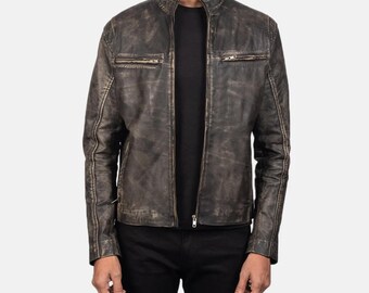 Beunruhigte braune Ziegenleder Bikerjacke, handgemachte Moto Coat Rub Off Finish