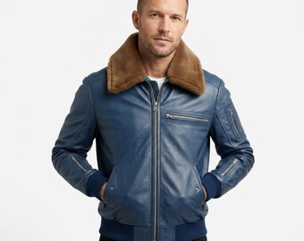 Herren Flugbomber Lederjacke Handgefertigte Schaffell Lammfellkragen Aviator Winter Oberbekleidung