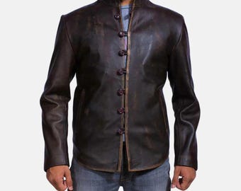 Herren Distressed Brown Ziegenleder Lederjacke, Knopfverschluss Band Kragen Mantel