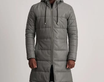 Graue Kapuzen Leder Steppmantel Herren Handgefertigte Schaffell Winterjacke Reißverschluss vorne Warme Oberbekleidung