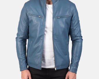 Blaue Leder Bikerjacke, Herren Schaffell Moto Style Handmade Zipper Band Kragen Motorrad Oberbekleidung